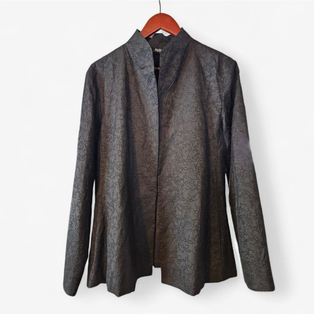 Eileen Fisher 100% Silk Textured Minimalist High Collar Dress Blazer Jacket L